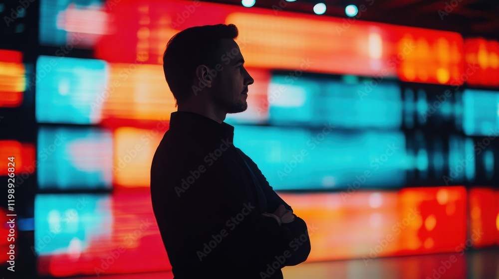 Poster a future leader standing confidently in front of a large screen displaying their vision for the futu