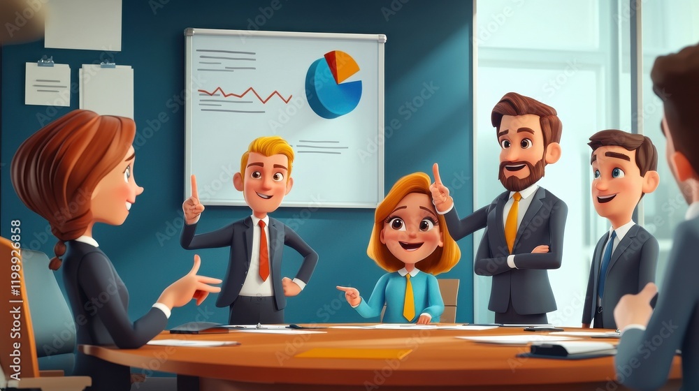 Poster cartoon style meeting with a group of animated characters around a conference table, one character p
