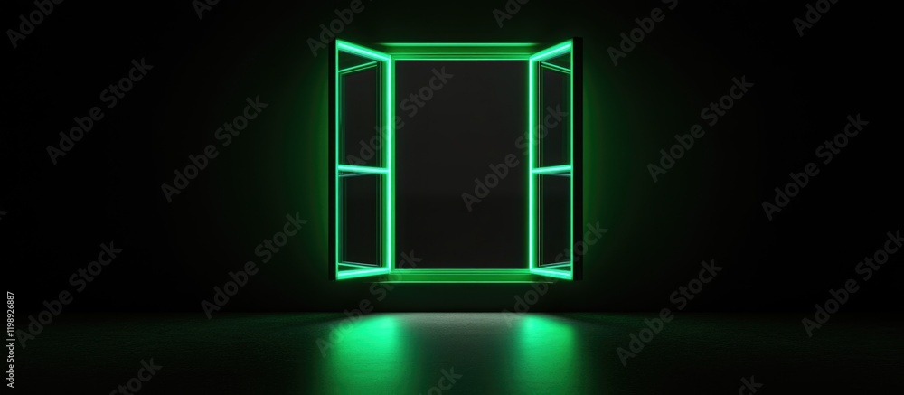 Poster neon green illuminated window frame on a dark background with reflection creating a modern visual ef