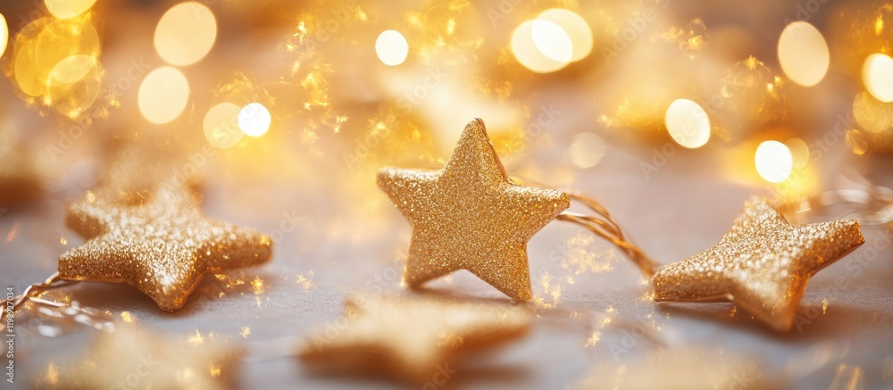 Poster golden star decorations with bokeh lights on a soft background copy space