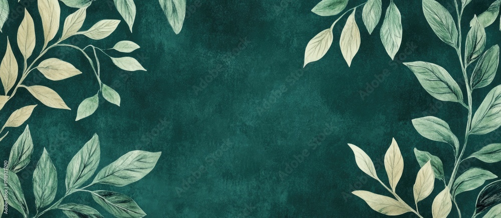 Poster green textured background with botanical leaves arranged around the edges and copy space in the cent