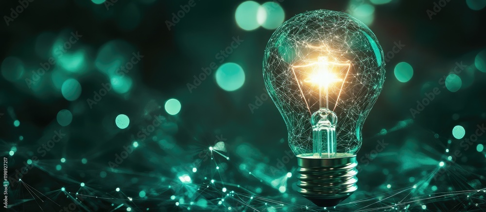 Poster glowing light bulb with intricate filament design against a blurred teal bokeh background with copy 