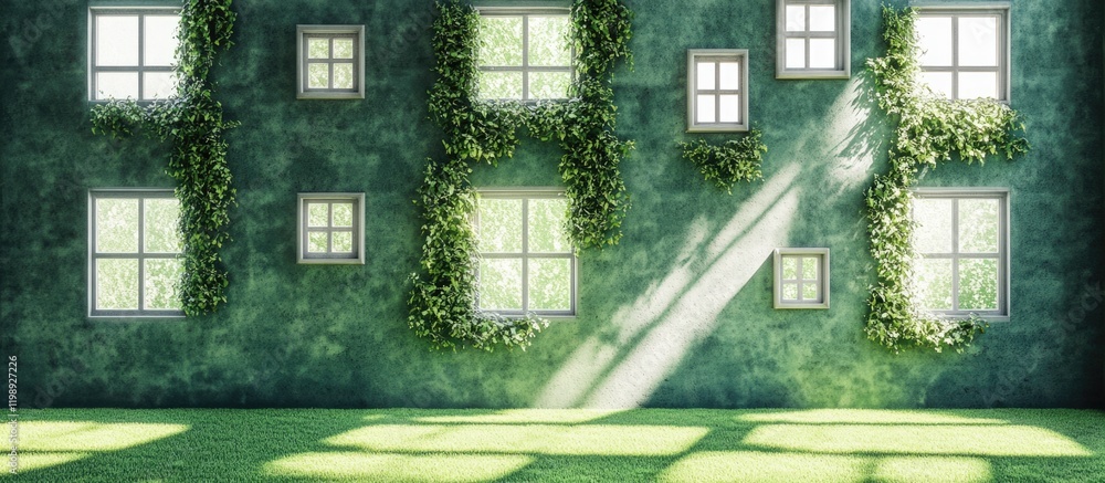 Poster indoor room with green walls and vine-covered windows allowing natural light to filter in creating a