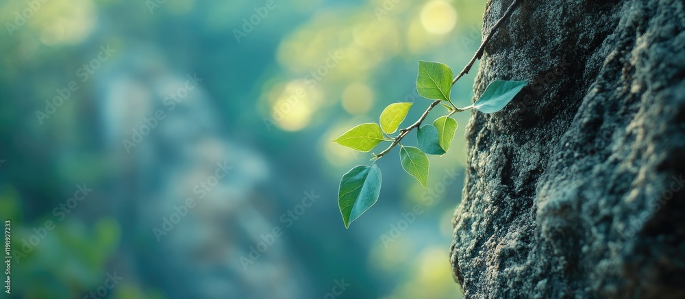 Poster close-up of green leaves against a textured rock surface in a blurred forest background with natural