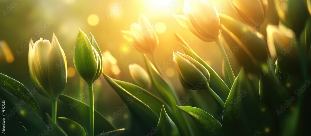 Poster Sunlit tulip field with soft bokeh background and green leaves Copy Space
