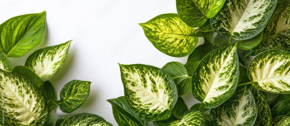 Poster backdrop of variegated green and white leaves arranged on a plain white surface with ample copy spac