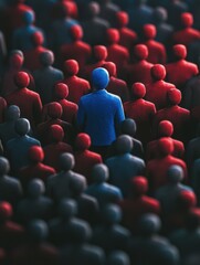 Fototapeta premium leader stands out among crowd, symbolizing motivation and career growth. blue figure represents guidance, while red figures signify teamwork and collaboration
