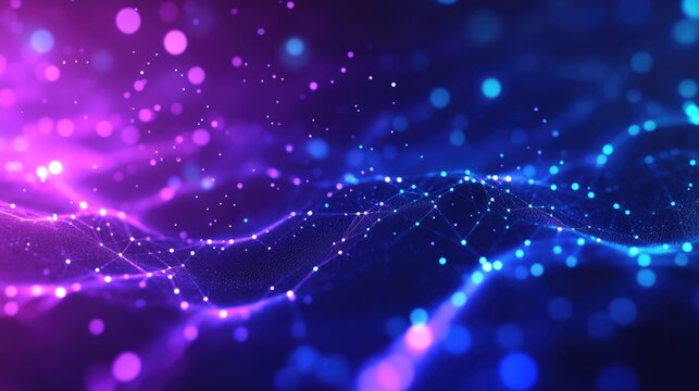 Abstract colorful glowing particles wave background with copy space for text. Purple blue vibrant illumination. Digital technology concept. - Powered by Adobe