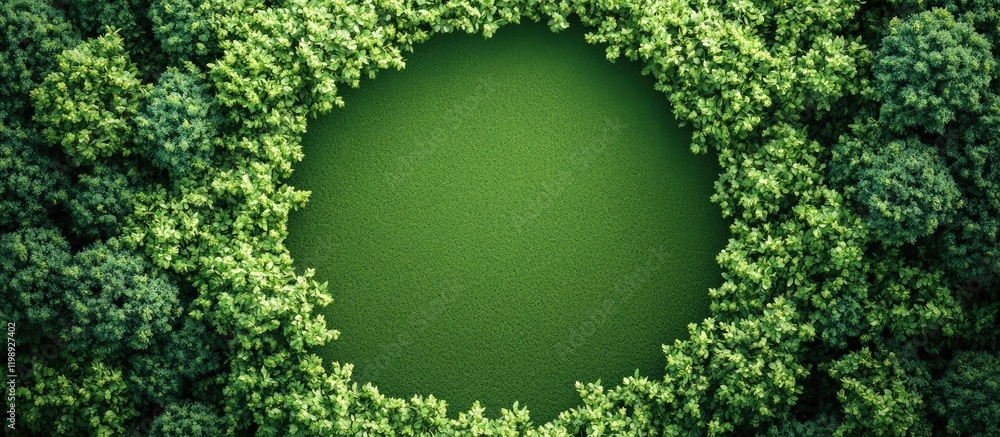 Poster aerial view of a circular green forest clearing surrounded by dense trees copy space