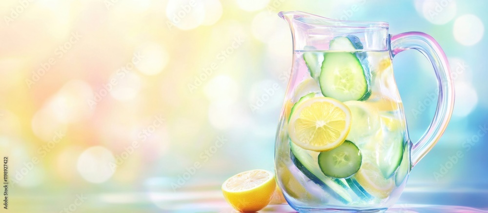 Poster fresh fruit-infused water in a glass pitcher with lemon and cucumber slices on a colorful blurred ba