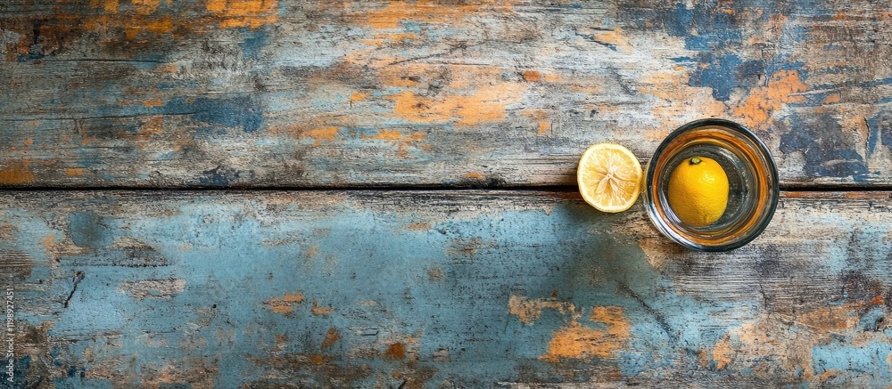 Poster fresh lemon and sliced lemon on rustic wooden table with glass of water copy space