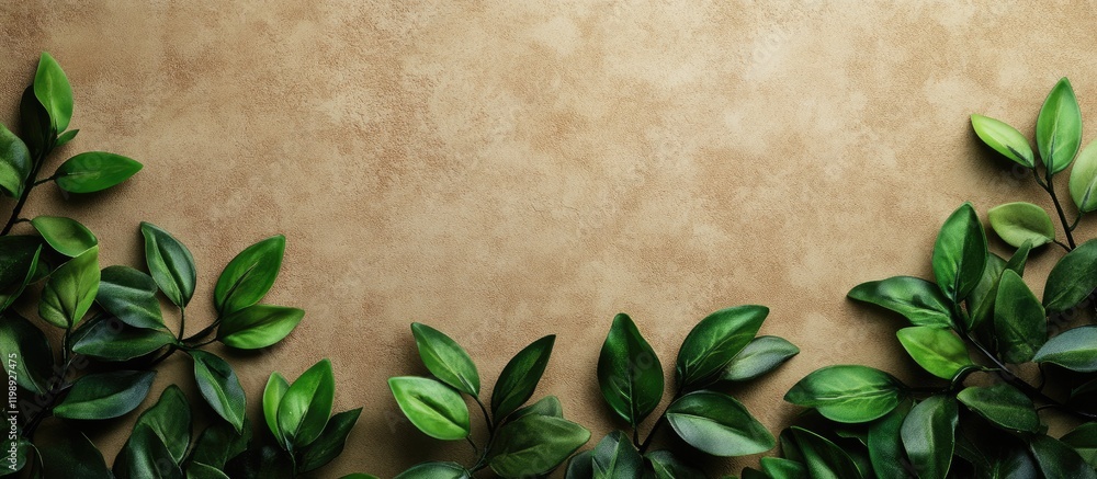 Poster green leaves on textured brown background with ample copy space for text and design elements.