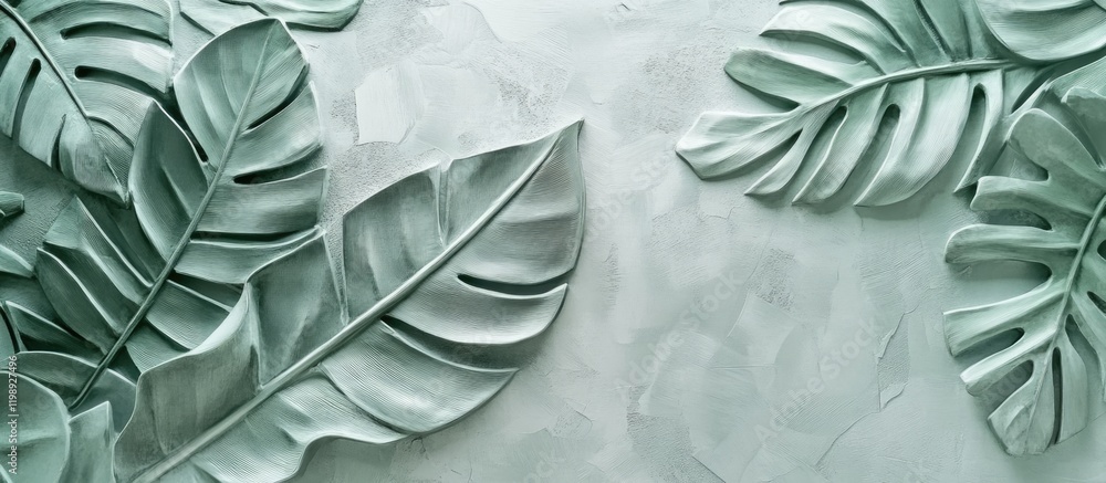 Poster textured background with large green leaves in relief on a light gray surface featuring ample copy s