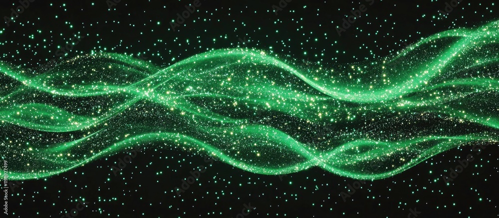Poster abstract green wave patterns with glowing particles on a black background suitable for digital art a