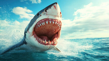 Fototapeta premium great white shark breaching water surface, showcasing its powerful jaws and sharp teeth. scene captures raw beauty and danger of marine life