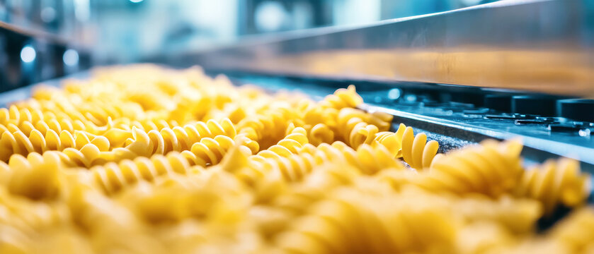 Pasta production on a factory conveyor belt emphasizes the beauty of culinary craftsmanship and industrial efficiency