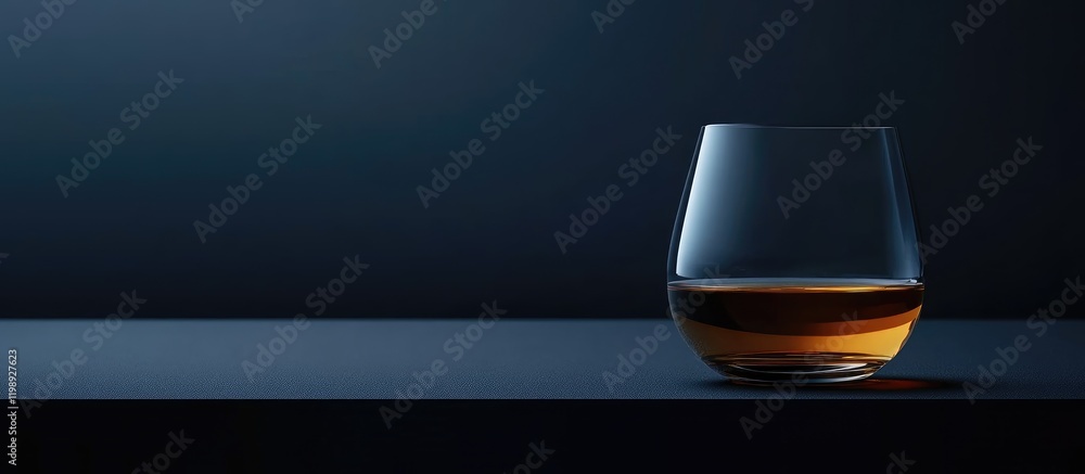 Poster glass of whiskey on a dark background with professional lighting and copy space for text placement