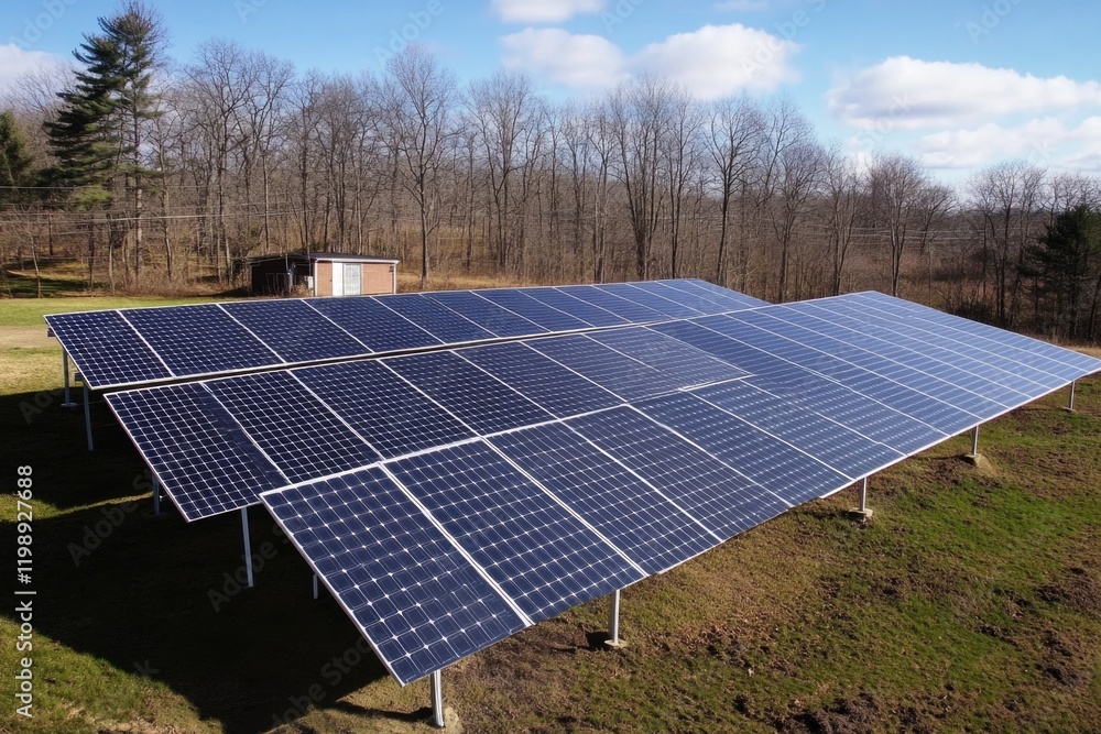 Poster a large array of solar panels installed in an open field, suitable for use as an illustration or gra