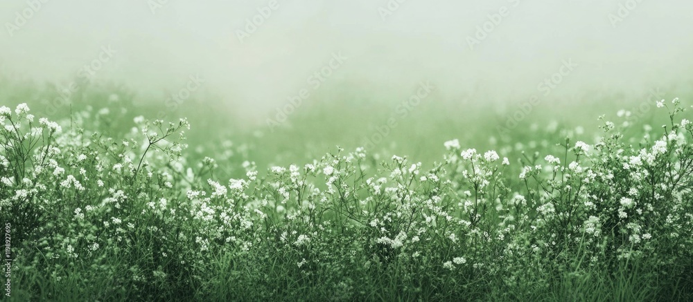 Poster mist-covered green field with white flowers and soft greenery in the background with ample copy spac