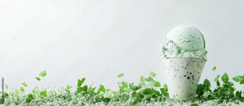 Poster mint chocolate chip ice cream in a cone with scattered mint leaves and copy space for text placement