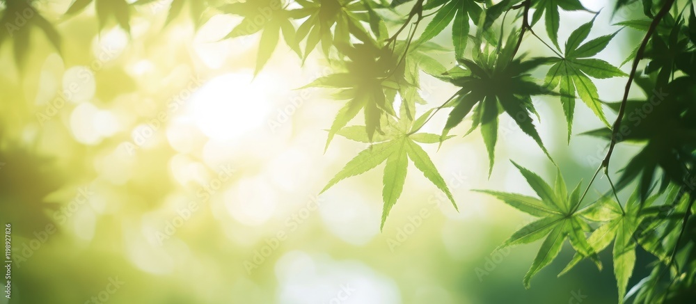 Poster sunlight filtering through green maple leaves with copy space for text