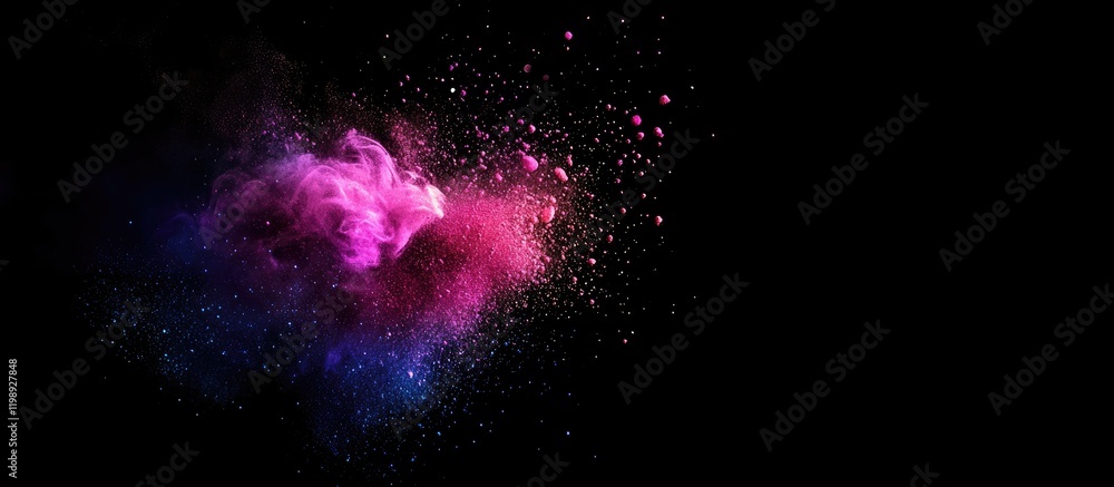 Aufkleber colorful abstract explosion of dust and particles on black background with copy space for text or de