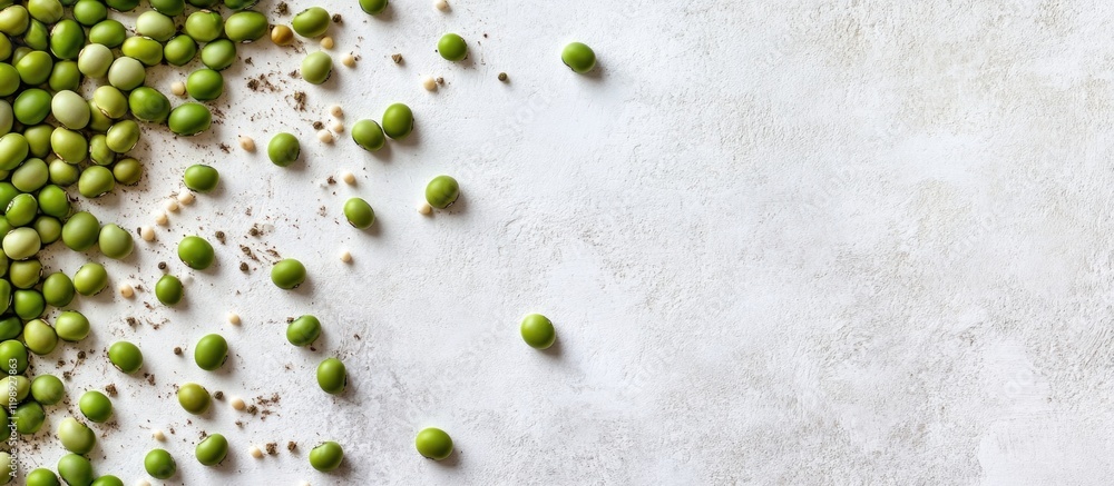 Aufkleber green peas scattered on a textured gray background with copy space available for text placement