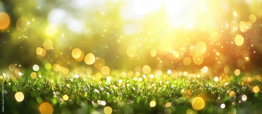 Poster bright bokeh effect on green grass with sunlight creating a warm and inviting atmosphere copy space