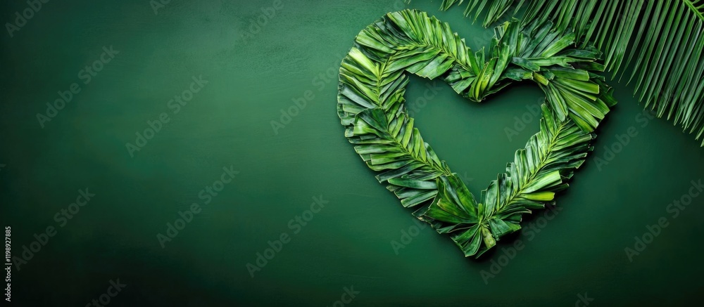 Poster green foliage arranged in heart shape on dark green background with ample copy space for text.