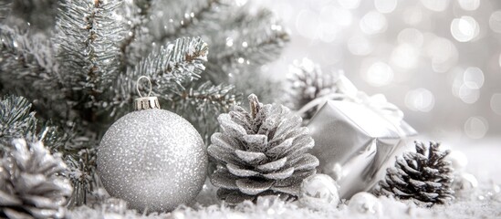 Christmas decoration scene with silver ornaments pine cones and gift box on snow background featuring copy space for text.