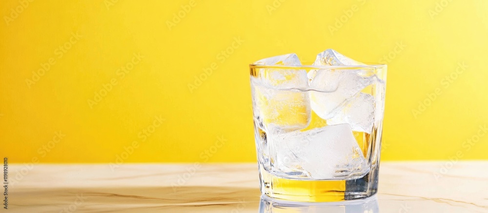 Poster glass of whiskey with ice cubes on a yellow background with ample copy space for text placement