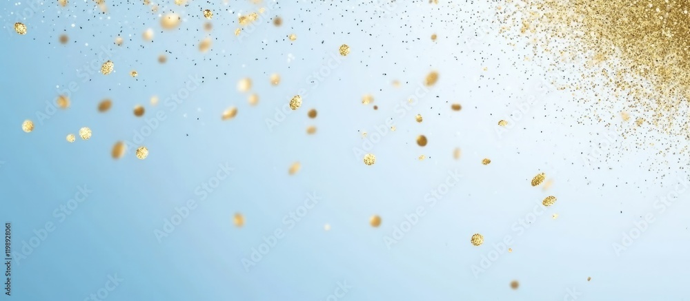Poster gold glitter particles scattering on a blue background with copy space for text insertion