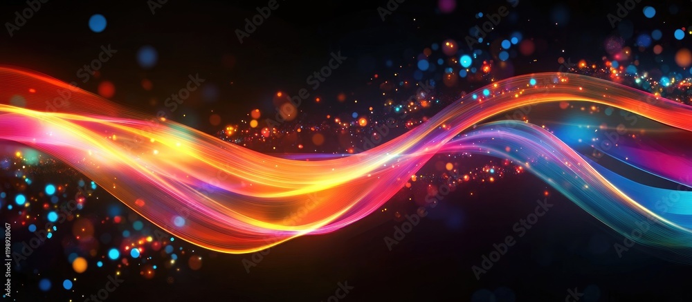Poster colorful glowing wave with bokeh lights on dark background suitable for abstract designs with ample 