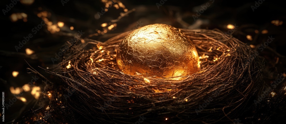 Poster golden egg resting in a nest surrounded by glowing light effects with dark background copy space