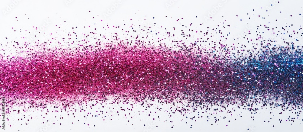 Poster colorful glitter particles in gradient from pink to blue on a white background with ample copy space