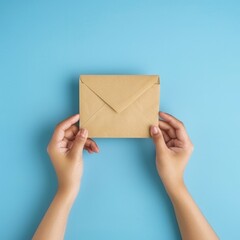 "Two hands holding envelope on blue background, conveying message or invitation"