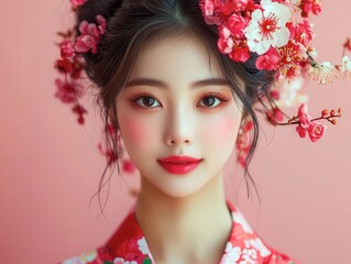 Naklejka premium Asian Women Kimonos on hair with Cherry Blossoms pink background