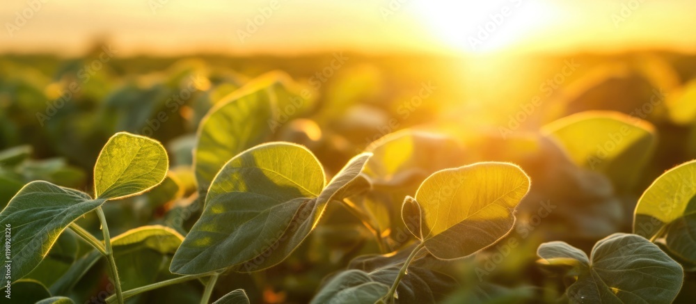 Poster sunlit soybean leaves in a field with sun rays creating a warm glow at sunset copy space