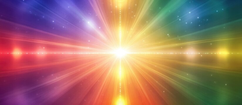Colorful abstract light explosion with rays radiating outward in a spectrum of rainbow colors and a bright center with copy space.