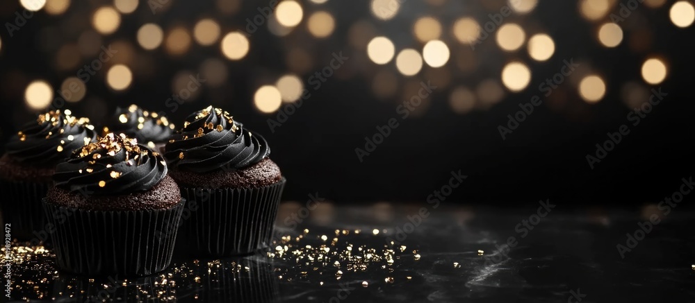 Poster chocolate cupcakes with black frosting and gold sprinkles on a dark background with bokeh lights and