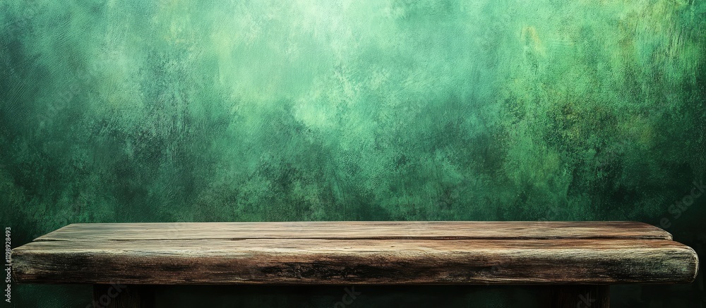 Poster Rustic wooden table with textured green background and ample copy space for text placement