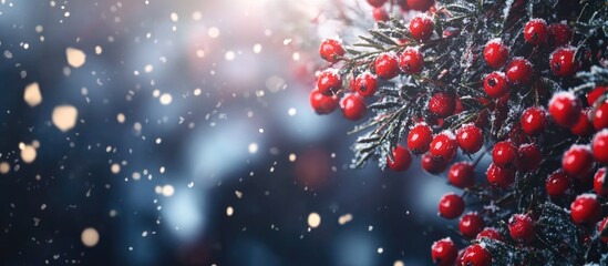 Close-up of Christmas holly leaves with red berries and falling snowflakes on a blurred winter background with Copy Space