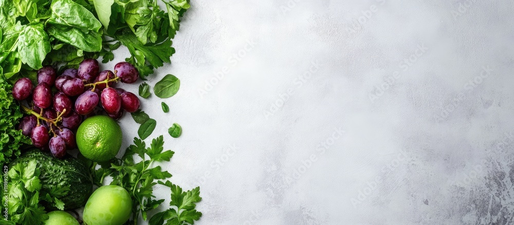 Aufkleber fresh green vegetables and purple grapes arranged on a textured gray background with ample copy spac