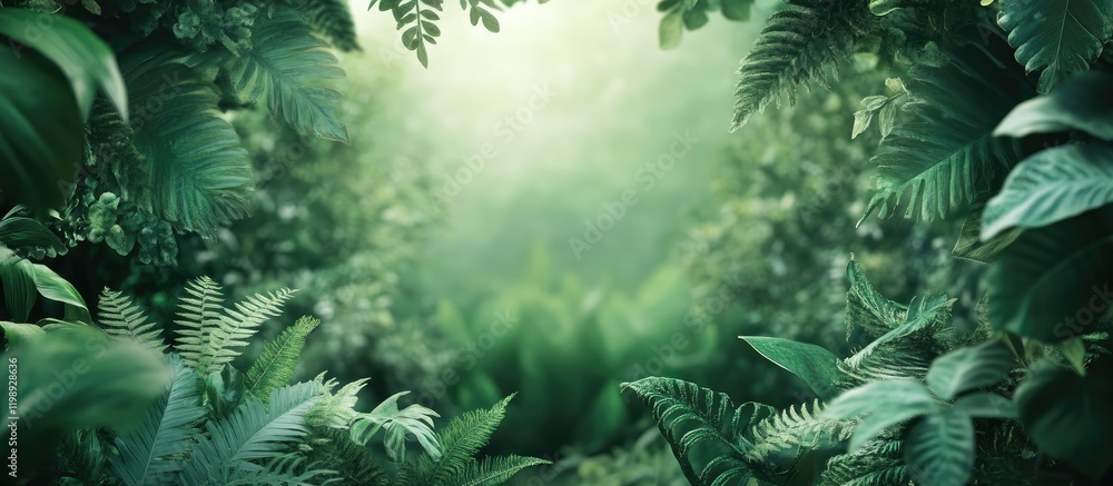Poster lush green jungle foliage with soft natural light creating a tranquil atmosphere and plenty of copy 