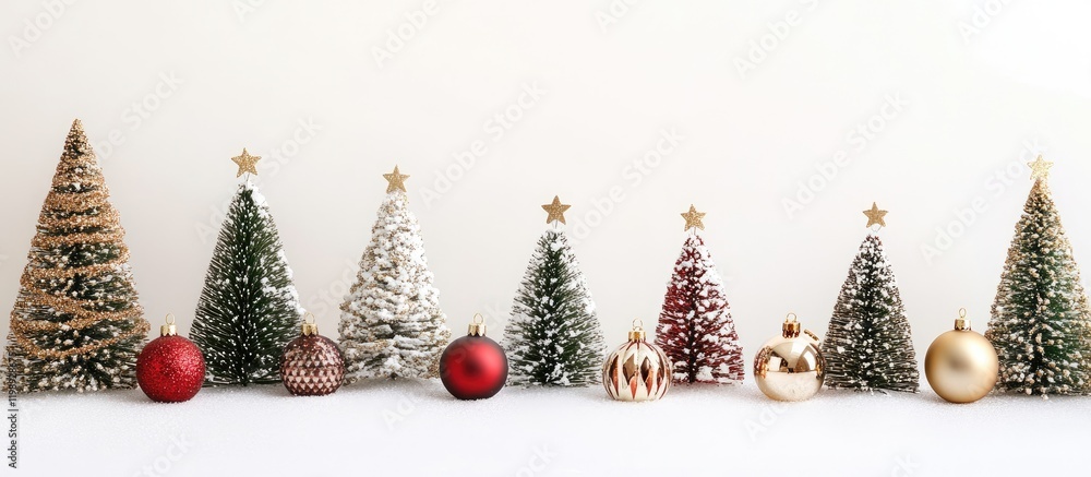Poster decorative christmas trees with golden and red ornaments on a neutral background with copy space for