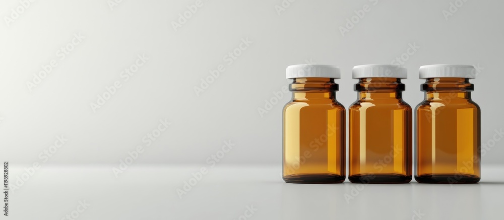 Aufkleber three amber glass bottles with white caps arranged in a row on a reflective surface with neutral bac