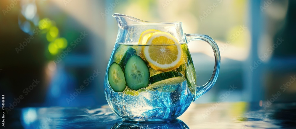 Poster pitcher of infused water with lemon and cucumber on a reflective surface with blurred background cop