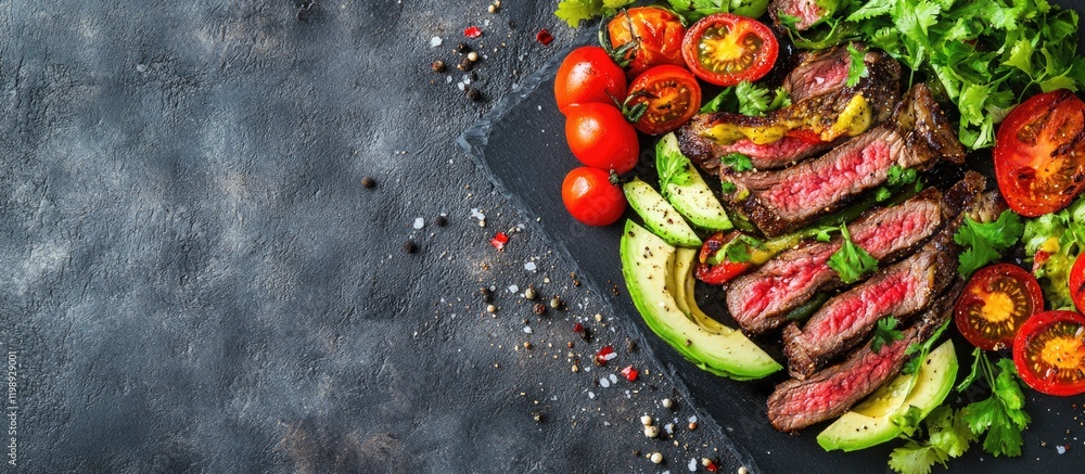 Poster grilled steak with fresh vegetables including tomatoes and cucumber on a dark stone plate with copy 