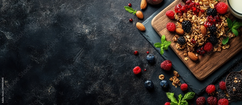 Poster granola with mixed berries and nuts on a wooden board with dark background and copy space for text
