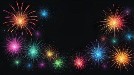 Fototapeta premium Colorful Fireworks Square Banner – Vibrant Festive Display with Glittering Frames, Half Wreaths, Festival Lights, Radiant Bursts, Sparkling Night Sky, Holiday Celebration, and Decorative Elements